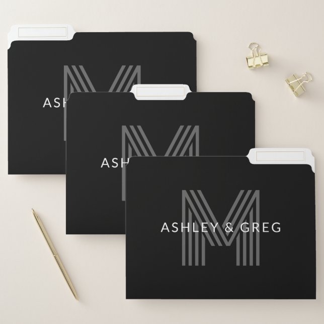 Retro Modern Name/s Editable Monogram Black & Gray File Folder (Set)
