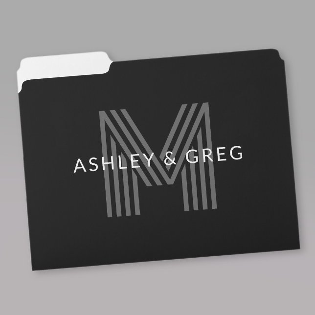 Retro Modern Name/s Editable Monogram Black & Gray File Folder (Creator Uploaded)