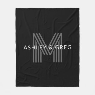Retro Modern Name/s Editable Monogram Black & Gray Fleece Blanket