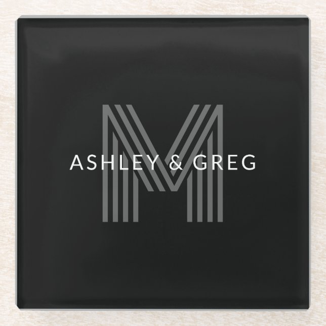 Retro Modern Name/s Editable Monogram Black & Gray Glass Coaster (Front)