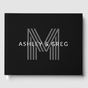 Retro Modern Name/s Editable Monogram Black & Gray Guest Book