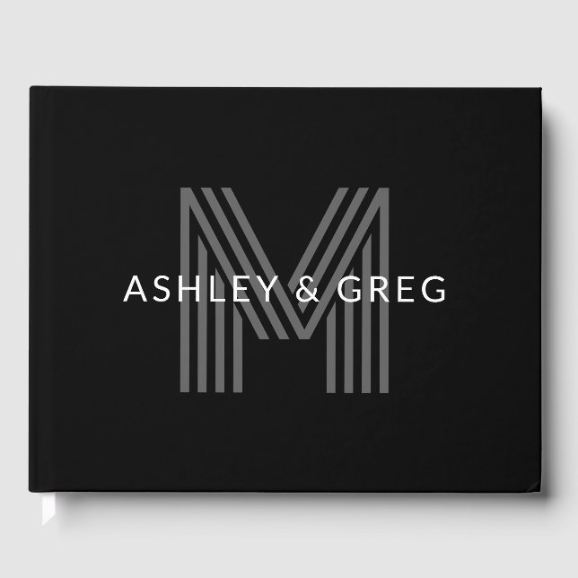 Retro Modern Name/s Editable Monogram Black & Gray Guest Book (Front)