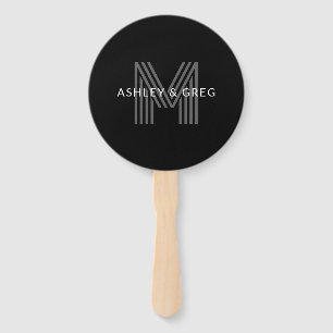 Retro Modern Name/s Editable Monogram Black & Gray Hand Fan