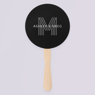 Retro Modern Name/s Editable Monogram Black & Gray Hand Fan