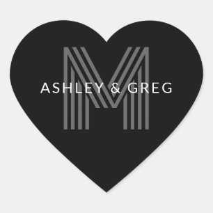 Retro Modern Name/s Editable Monogram Black & Gray Heart Sticker