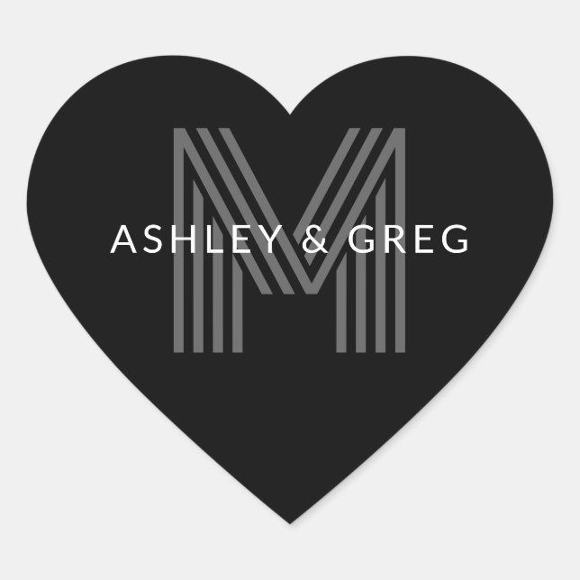 Retro Modern Name/s Editable Monogram Black & Gray Heart Sticker (Front)