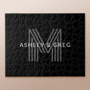 Retro Modern Name/s Editable Monogram Black & Gray Jigsaw Puzzle