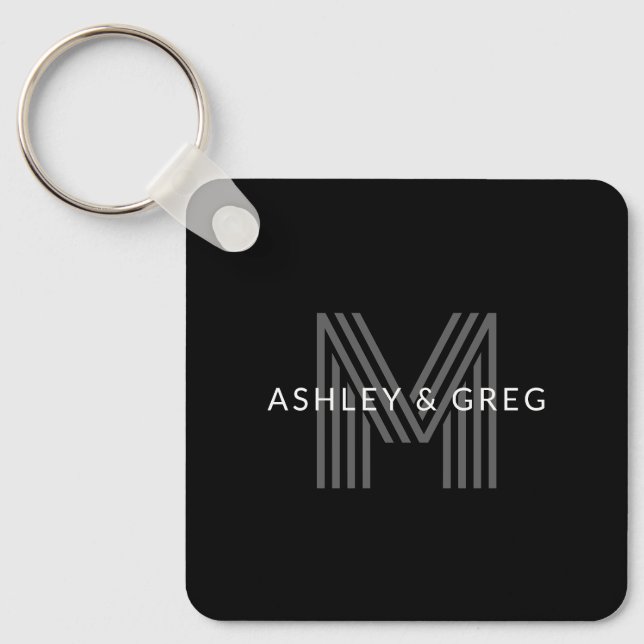 Retro Modern Name/s Editable Monogram Black & Gray Keychain (Front)