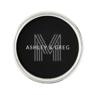 Retro Modern Name/s Editable Monogram Black & Gray Lapel Pin