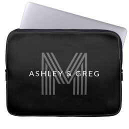 Retro Modern Name/s Editable Monogram Black &amp; Gray Laptop Sleeve