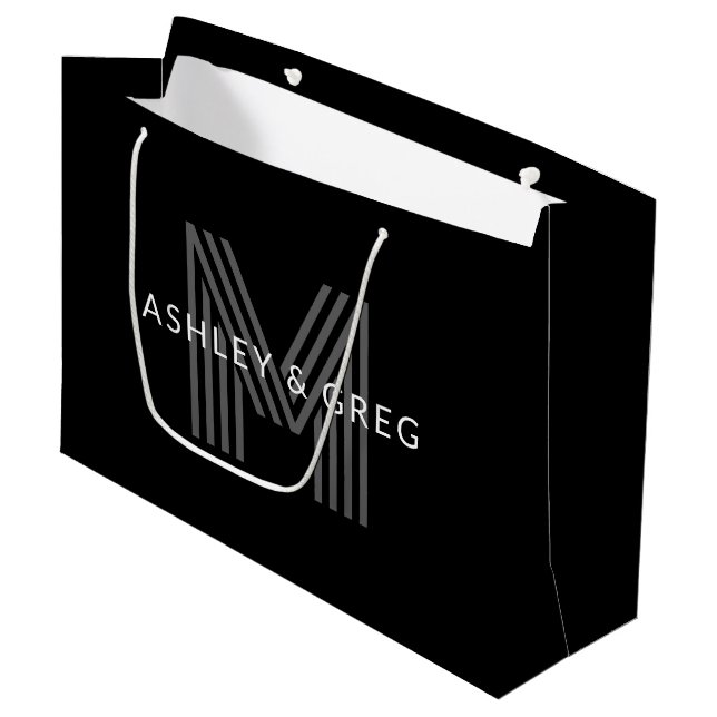 Retro Modern Name/s Editable Monogram Black & Gray Large Gift Bag (Front Angled)