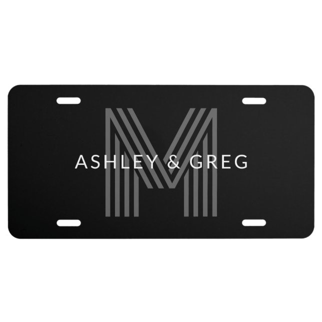 Retro Modern Name/s Editable Monogram Black & Gray License Plate (Front)