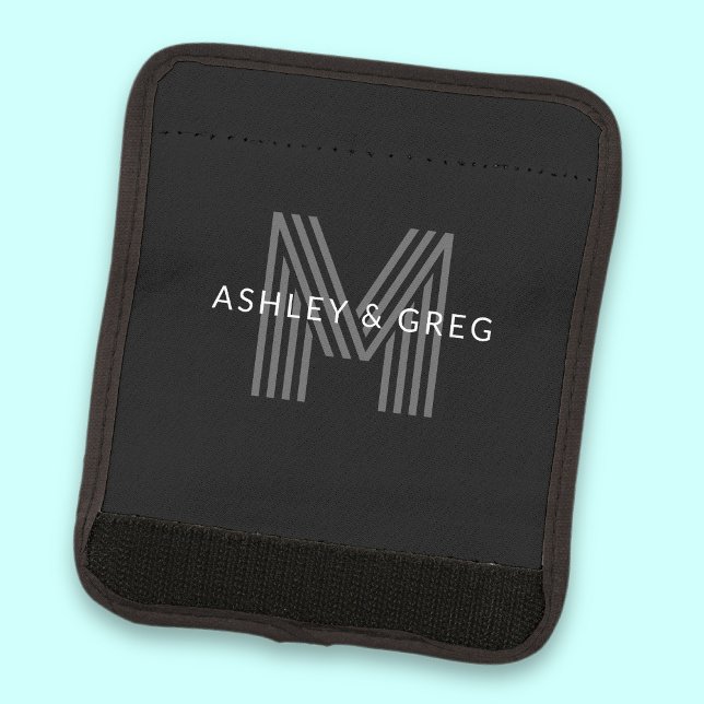 Retro Modern Name/s Editable Monogram Black & Gray Luggage Handle Wrap (Creator Uploaded)