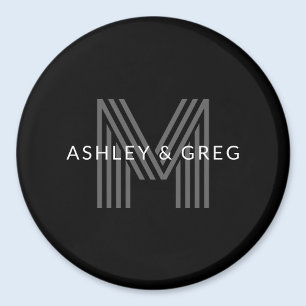 Retro Modern Name/s Editable Monogram Black & Gray Magnet