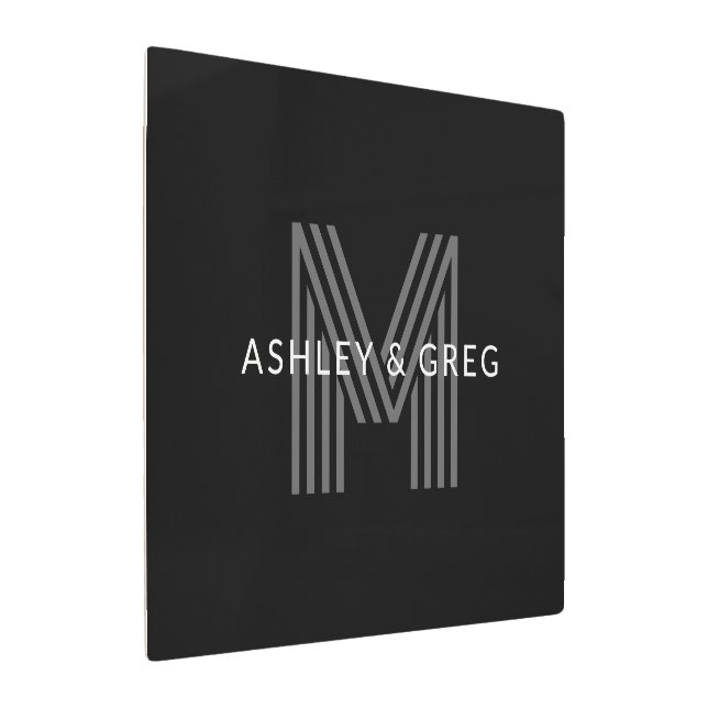 Retro Modern Name/s Editable Monogram Black & Gray Metal Print (Angled)
