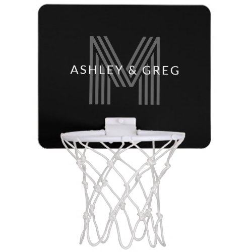 Retro Modern Names Editable Monogram Black  Gray Mini Basketball Hoop