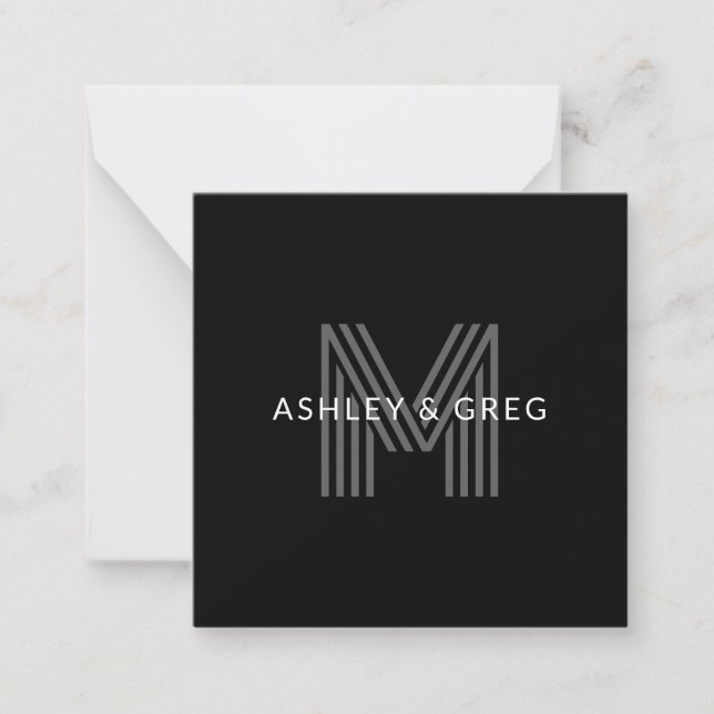 Retro Modern Name/s Editable Monogram Black & Gray Note Card (Front)