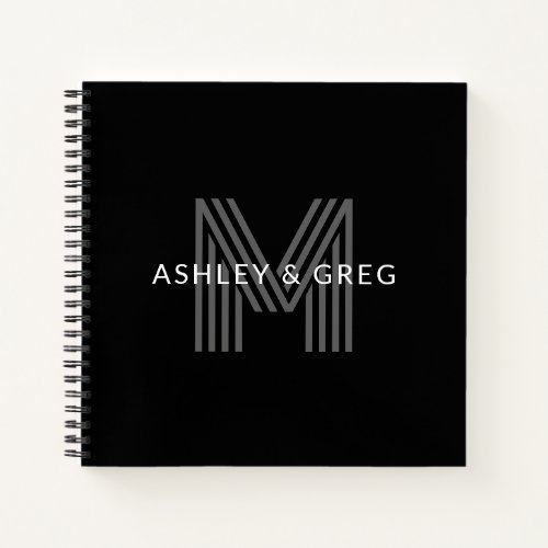 Retro Modern Names Editable Monogram Black  Gray Notebook