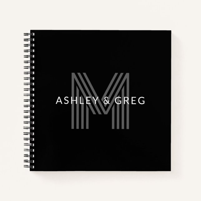 Retro Modern Name/s Editable Monogram Black & Gray Notebook (Front)