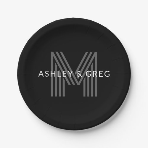 Retro Modern Names Editable Monogram Black  Gray Paper Plates