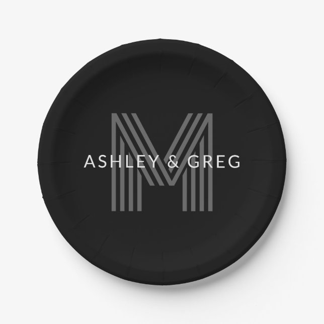Retro Modern Name/s Editable Monogram Black & Gray Paper Plates (Front)