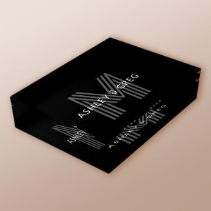 Retro Modern Name/s Editable Monogram Black & Gray Paperweight