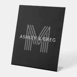 Retro Modern Name/s Editable Monogram Black & Gray Pedestal Sign