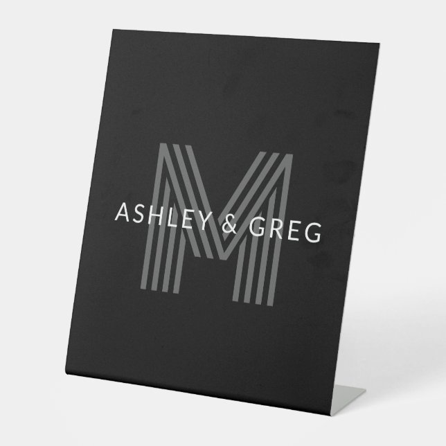 Retro Modern Name/s Editable Monogram Black & Gray Pedestal Sign (Front)