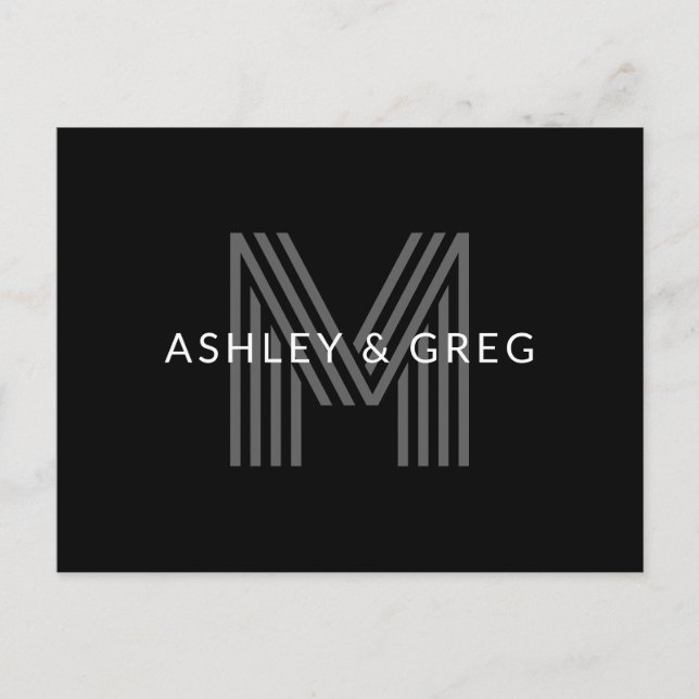 Retro Modern Name/s Editable Monogram Black & Gray Postcard (Front)