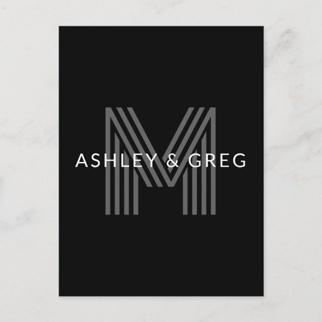 Retro Modern Name/s Editable Monogram Black & Gray Postcard (Front)