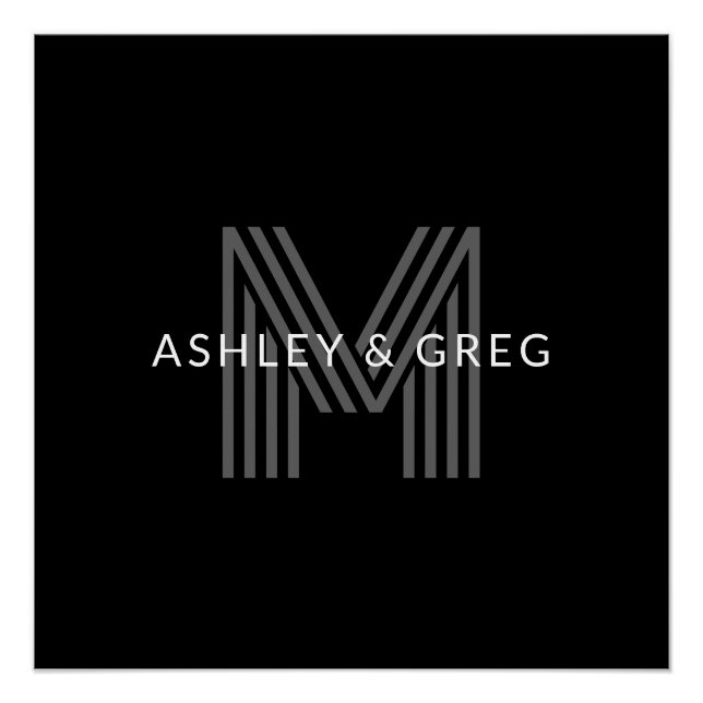 Retro Modern Name/s Editable Monogram Black & Gray Poster (Front)