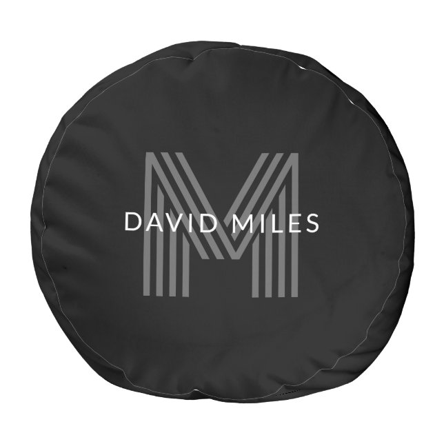 Retro Modern Name/s Editable Monogram Black & Gray Pouf (Bottom)