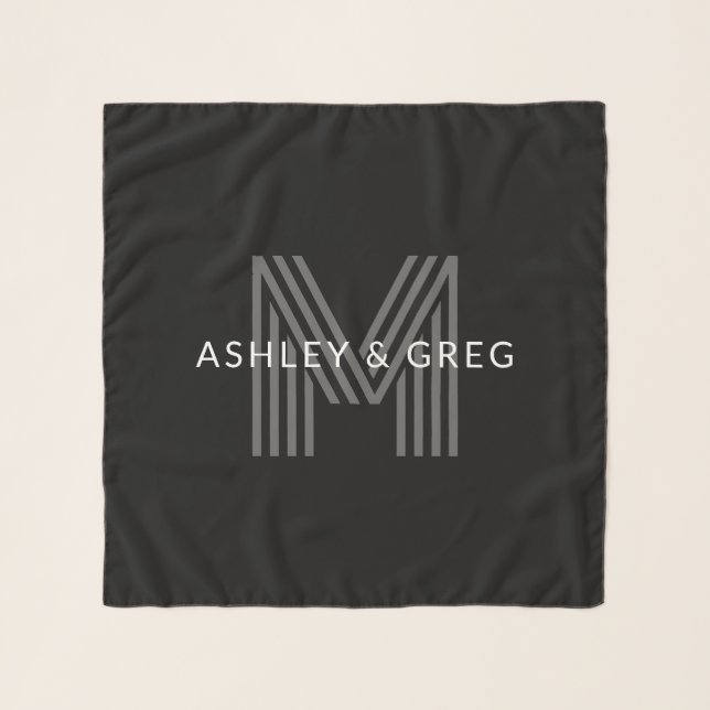 Retro Modern Name/s Editable Monogram Black & Gray Scarf (Front)