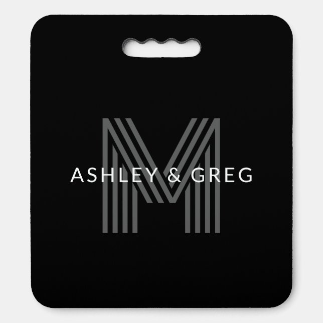 Retro Modern Name/s Editable Monogram Black & Gray Seat Cushion (Front Vertical)