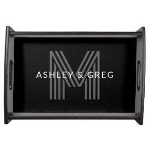 Retro Modern Name/s Editable Monogram Black & Gray Serving Tray