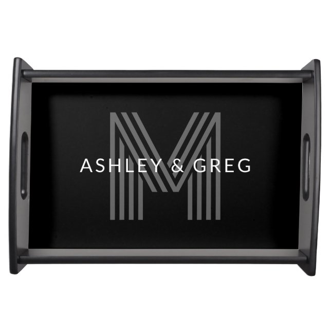 Retro Modern Name/s Editable Monogram Black & Gray Serving Tray (Front)