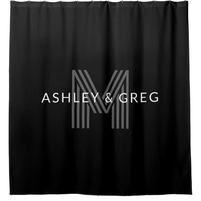 Retro Modern Name/s Editable Monogram Black & Gray Shower Curtain (Front)