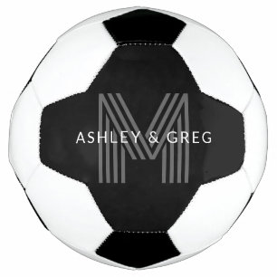 Retro Modern Name/s Editable Monogram Black & Gray Soccer Ball
