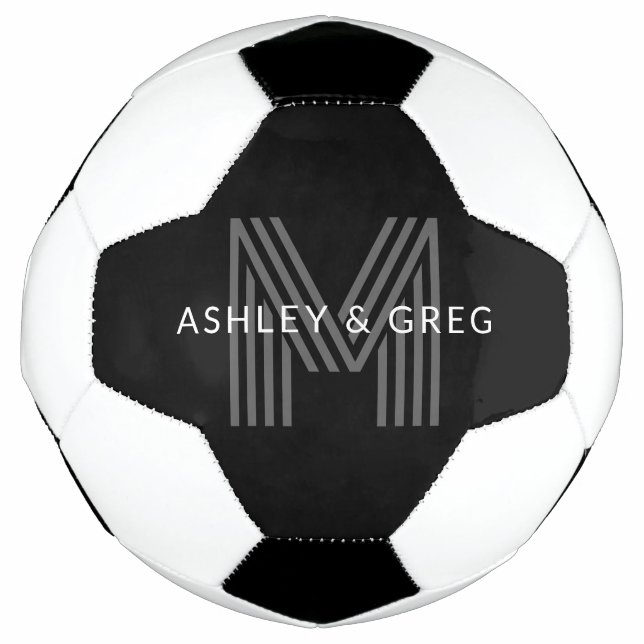 Retro Modern Name/s Editable Monogram Black & Gray Soccer Ball (Front)