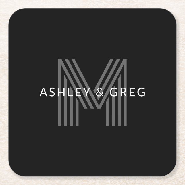 Retro Modern Name/s Editable Monogram Black & Gray Square Paper Coaster (Front)