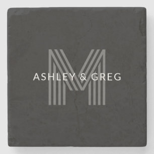 Retro Modern Name/s Editable Monogram Black & Gray Stone Coaster