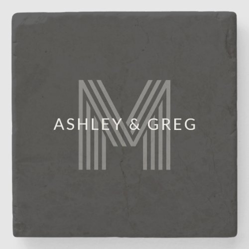 Retro Modern Names Editable Monogram Black  Gray Stone Coaster