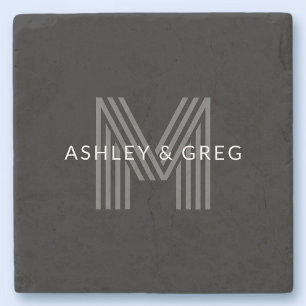 Retro Modern Name/s Editable Monogram Black & Gray Stone Coaster