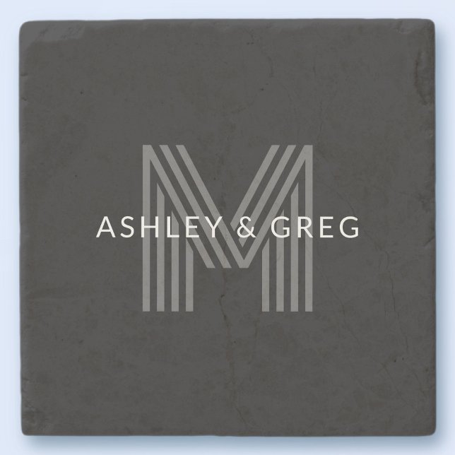 Retro Modern Name/s Editable Monogram Black & Gray Stone Coaster (Creator Uploaded)