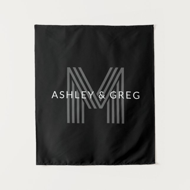 Retro Modern Name/s Editable Monogram Black & Gray Tapestry (Front)