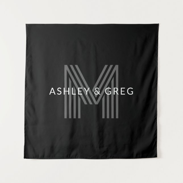 Retro Modern Name/s Editable Monogram Black & Gray Tapestry (Front)