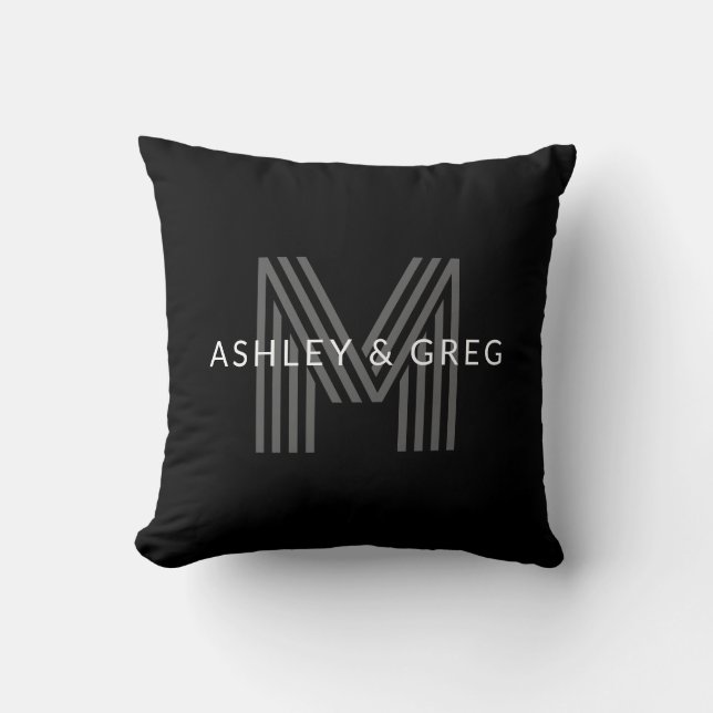 Retro Modern Name/s Editable Monogram Black & Gray Throw Pillow (Front)