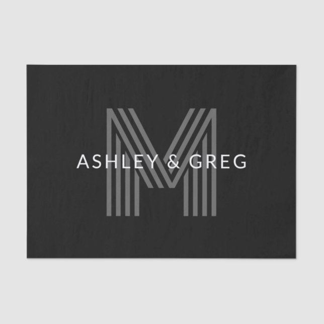 Retro Modern Name/s Editable Monogram Black & Gray Tissue Paper (Front)