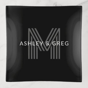 Retro Modern Name/s Editable Monogram Black & Gray Trinket Tray