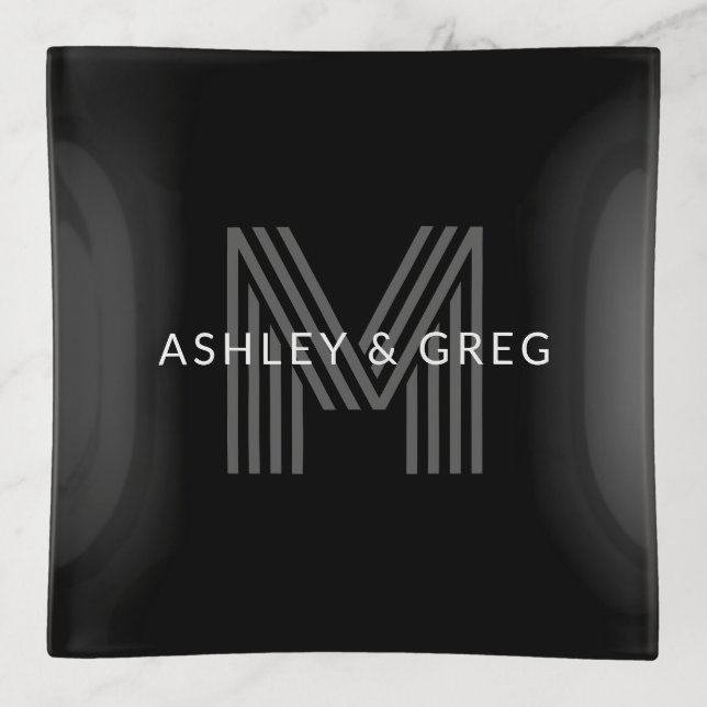 Retro Modern Name/s Editable Monogram Black & Gray Trinket Tray (Front)